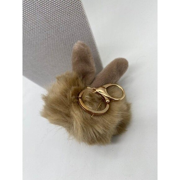 Tortilla Brown Bunny Ears Fur Ball Keychain Charm With Plush Key Holder - Picture 5 of 6